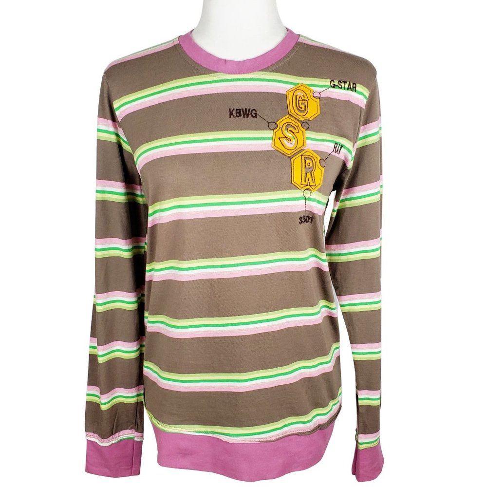 G-Star RARE Designer Embroidered Long Sleeve Striped Top Women's Medium